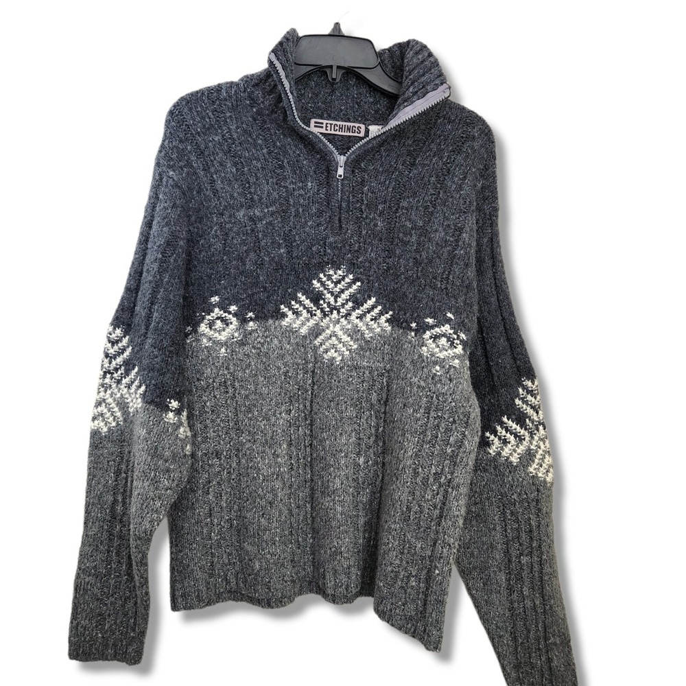 Vintage Etchings  Fair Isle Chunky Sweater Men's‎ Medium 1/4 Zip Snowflake